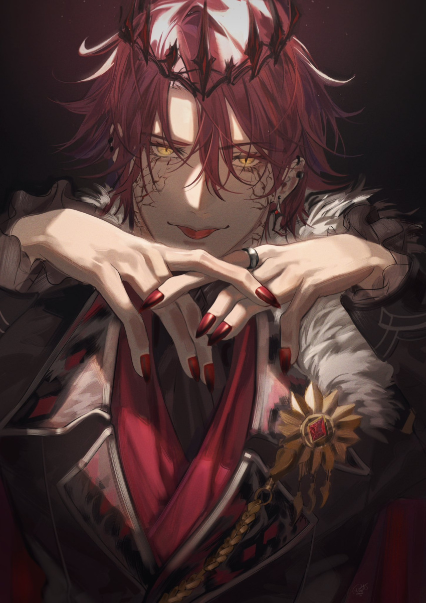 1boy black_background black_jacket collared_jacket collared_shirt crown earrings facial_mark fingernails frilled_sleeves frills fur-trimmed_jacket fur_trim hair_between_eyes highres holostars holostars_english jacket jewelry jurard_t_rexford long_sleeves looking_at_viewer own_hands_together red_hair red_nails red_vest renjumin ring sharp_fingernails shirt slit_pupils tongue tongue_out upper_body vest yellow_eyes