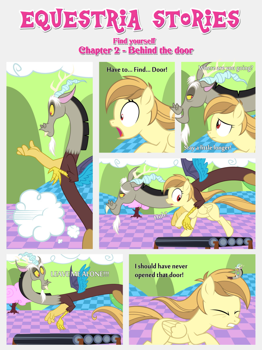 absurd_res alice_goldenfeather_(estories) anthro black_border border chimera clenched_teeth dialogue discord_(mlp) draconequus duo equid equine estories eyes_closed female feral folded_wings friendship_is_magic frown hasbro hi_res male mammal my_little_pony open_mouth pegasus pink_tree plant single_tooth smile spread_wings teeth treadmill tree wide_eyed wings