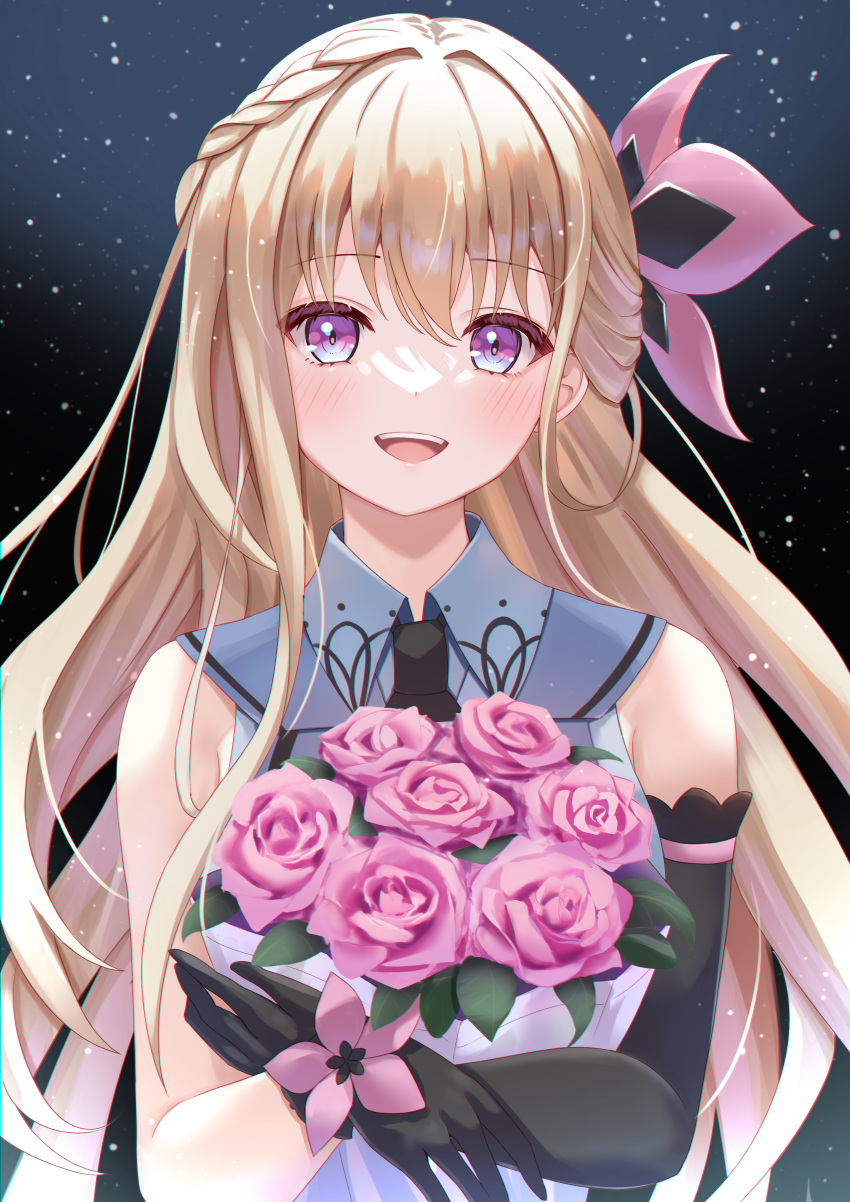 1girl absurdres amanohoshi_chiroru black_gloves black_sleeves blonde_hair blue_shirt bouquet braid breasts flower gloves hair_between_eyes hair_flower hair_ornament highres long_hair open_mouth pink_flower pink_rose propro_production purple_eyes rose shirt single_sleeve solo teeth togemaru34 upper_teeth_only virtual_youtuber