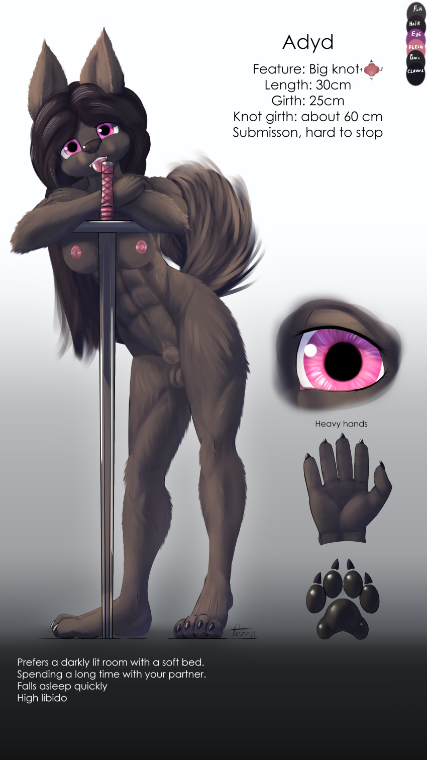 absurd_res adyd(ferrn) animal_genitalia anthro balls black_body black_fur breasts canid canine canis clothed clothing digital_media_(artwork) english_text ferrn fur genitals gynomorph hair hi_res holding_object holding_weapon intersex looking_at_viewer mammal melee_weapon model_sheet nipples nude open_mouth purple_eyes simple_background smile solo standing sword tail text weapon white_background wolf