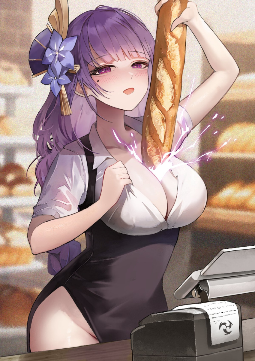 1girl baguette blurry blurry_background blush braid bread breasts cleavage collarbone commentary_request counter dress electricity flower food genshin_impact hair_ornament heart heart-shaped_pupils highres large_breasts long_hair looking_at_viewer mole mole_under_eye purple_eyes purple_hair raiden_shogun shachiwhitebb side_slit solo symbol-shaped_pupils