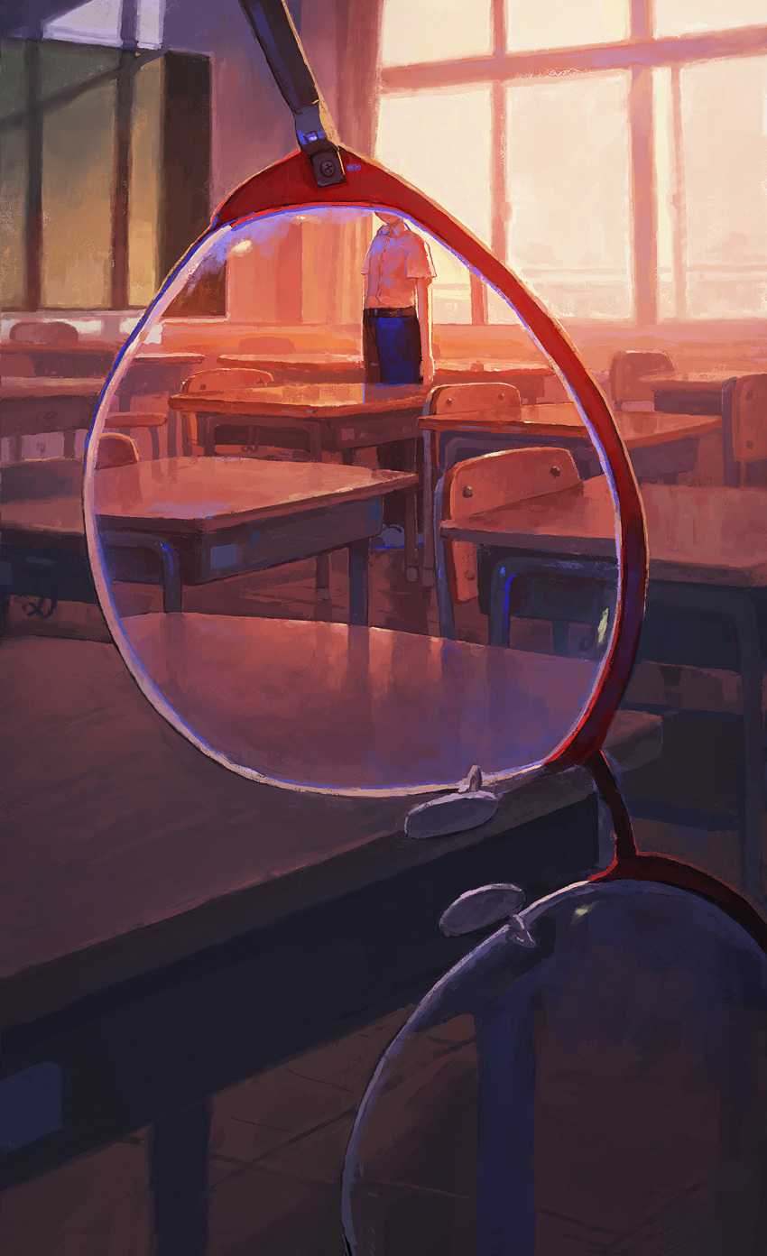 1boy black_pants chair chalkboard classroom collared_shirt desk evening fjsmu glasses highres indoors original pants school_chair school_desk school_uniform shirt solo white_shirt window