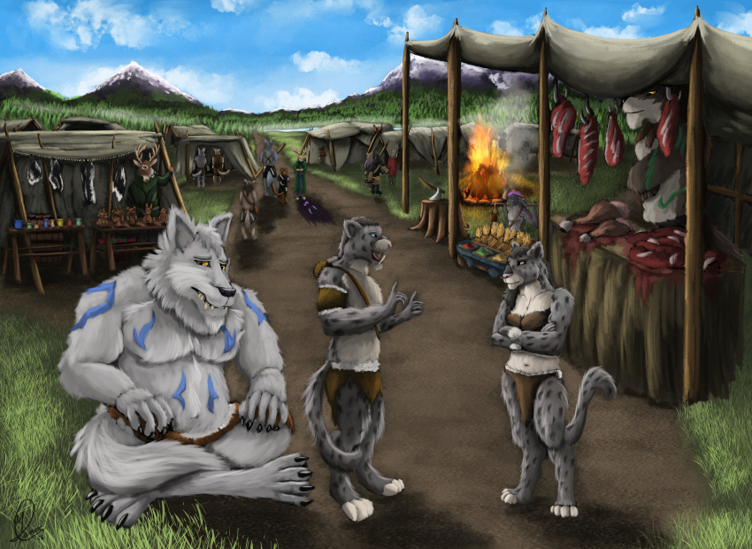 absurd_res anthro aros_(uncrom) axe blue_sky bonfire calder_ulfriksson canid canine canis canvas clothing cloud dironic dirt_path emil_landvik evergreen_tree far_north fearful_expression felid female fershoun food fur fur_markings grass group herbs hex_(satanic-furry) hi_res kari_(uncrom) kato_(uncrom) laguardians lake landscape leather leather_clothing magic_user male mammal marketplace markings meat meat_seller mountain musclegut outdoor_market pantherine pine_tree plant secrets_of_uncrom shadowy_figure sky snow_leopard tents tree udrey_(uncrom) uncrom unimpressed_expression valtalska_dercas valtalska_scudama ven_ulfriksson wares warrior wolf wood_pole yenocwolf