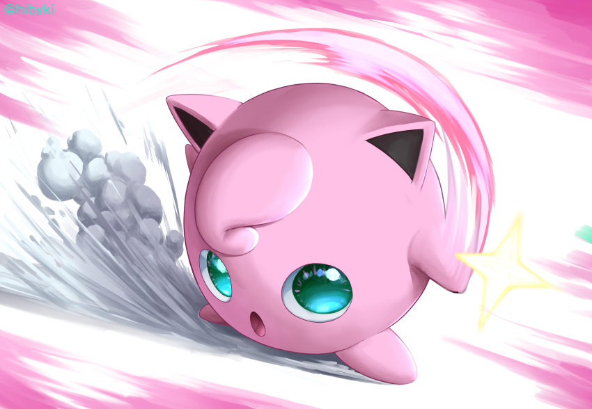 :o absurdres commentary_request full_body green_eyes hiby highres jigglypuff no_humans open_mouth pokemon pokemon_(creature) sideways_glance solo tongue twitter_username watermark