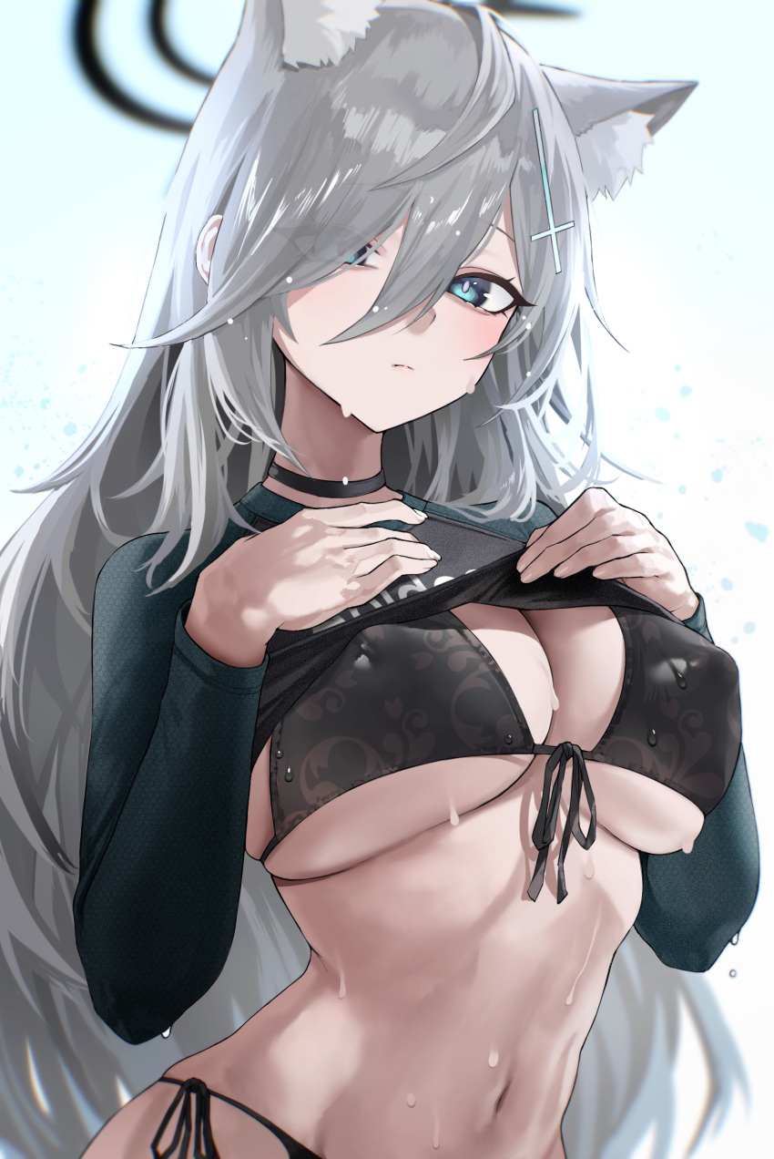 1girl absurdres alternate_costume animal_ears bikini black_bikini black_choker blue_archive blush breasts choker clothes_lift extra_ears front-tie_bikini_top front-tie_top grey_hair hair_over_one_eye halo hands_on_own_chest highres kazane-wind large_breasts looking_at_viewer navel rash_guard shiroko_(blue_archive) shiroko_(terror)_(blue_archive) side-tie_bikini_bottom simple_background solo stomach swimsuit swimsuit_lift upper_body water_drop wet wet_hair white_background wolf_ears