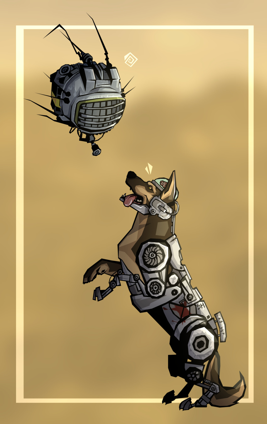 absurd_res ambiguous_gender bethesda_softworks canid canine canis cyberdog_(fallout) domestic_dog duo ed-e_(fallout) eyebot eyebot_(fallout) fallout feral german_shepherd herding_dog hi_res machine male mammal new_vegas pastoral_dog rex_(fallout) robot shoot_(sh) standing_on_hind_legs tongue tongue_out