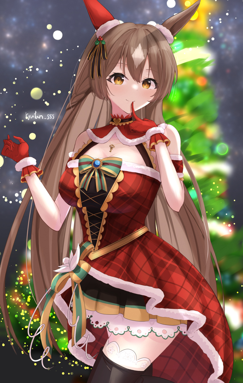 1girl absurdres animal_ears black_thighhighs blurry blurry_background breasts brown_hair capelet christmas_tree cleavage commentary_request cosplay cowboy_shot daiwa_scarlet_(scarlet_nuit_etoile)_(umamusume) daiwa_scarlet_(umamusume) daiwa_scarlet_(umamusume)_(cosplay) dress ear_covers finger_to_mouth fur-trimmed_dress fur-trimmed_gloves fur_trim gloves hair_between_eyes highres horse_ears large_breasts long_hair lryutanl multicolored_hair ponytail red_dress red_gloves satono_diamond_(umamusume) single_ear_cover solo streaked_hair thighhighs twitter_username umamusume very_long_hair white_hair yellow_eyes