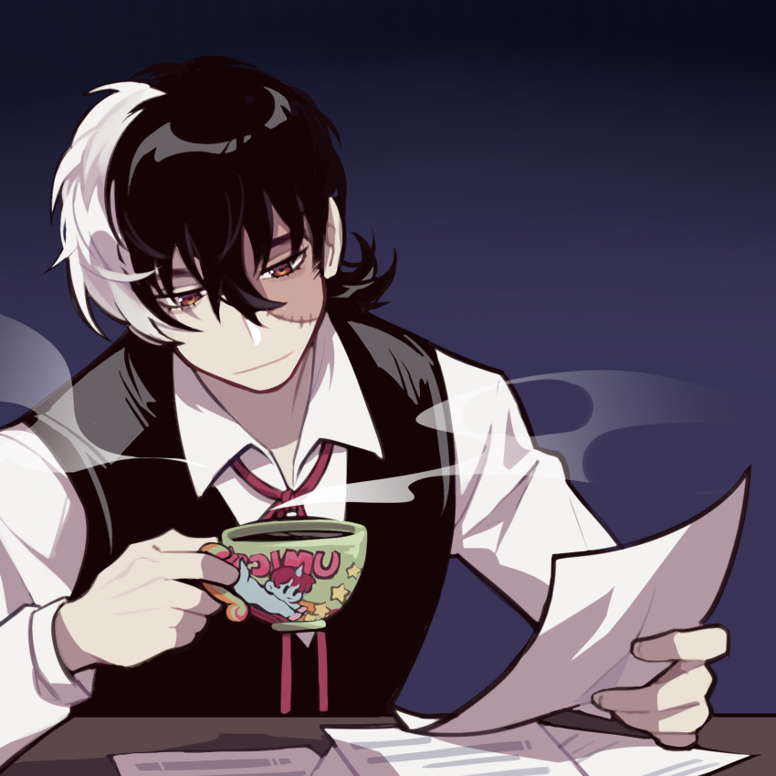 1boy black_hair black_jack_(character) black_jack_(series) black_vest blue_background character_print closed_mouth collared_shirt cup elbow_on_table hair_between_eyes highres holding holding_cup holding_paper light_smile long_sleeves looking_down male_focus multicolored_hair neck_ribbon orange_eyes paper patchwork_skin reading red_ribbon ribbon scar scar_on_face shirt short_hair simple_background solo split-color_hair steam table teacup tian_niunai_hezi two-tone_hair unico unico_(character) vest white_hair white_shirt