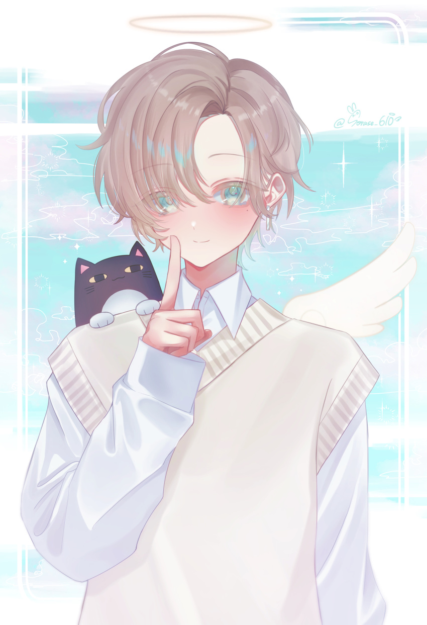 1boy absurdres androgynous angel angel_wings animal_on_shoulder blush closed_mouth collared_shirt feathered_wings finger_to_mouth green_eyes halo highres kanae_(nijisanji) light_brown_hair long_sleeves looking_at_viewer male_focus mole mole_under_eye nijisanji otoko_no_ko roto_(kanae) shirt shushing smile solo sorase_610 sweater_vest white_shirt white_wings wings yellow_sweater_vest