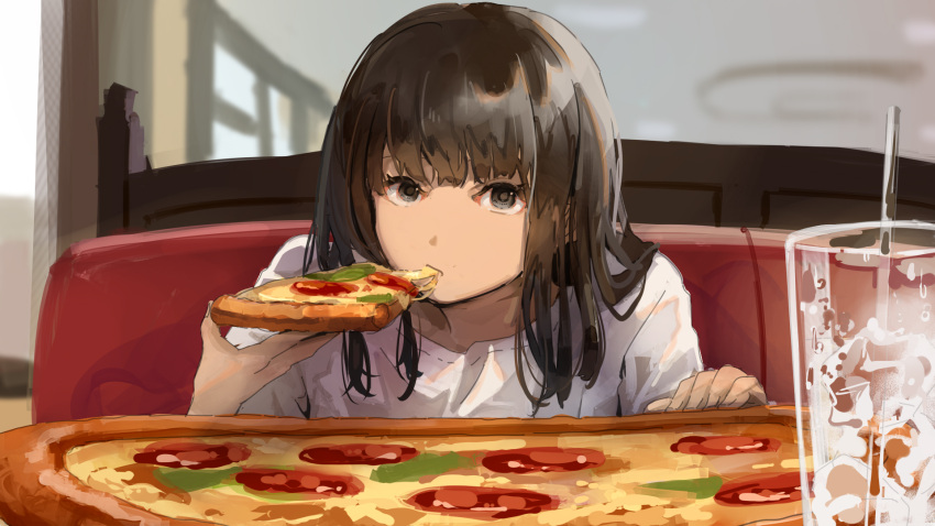 1girl 23el black_eyes black_hair cup drinking_straw food food_in_mouth highres holding holding_food holding_pizza ice ice_cube indoors looking_at_viewer original pizza shirt sitting solo white_shirt