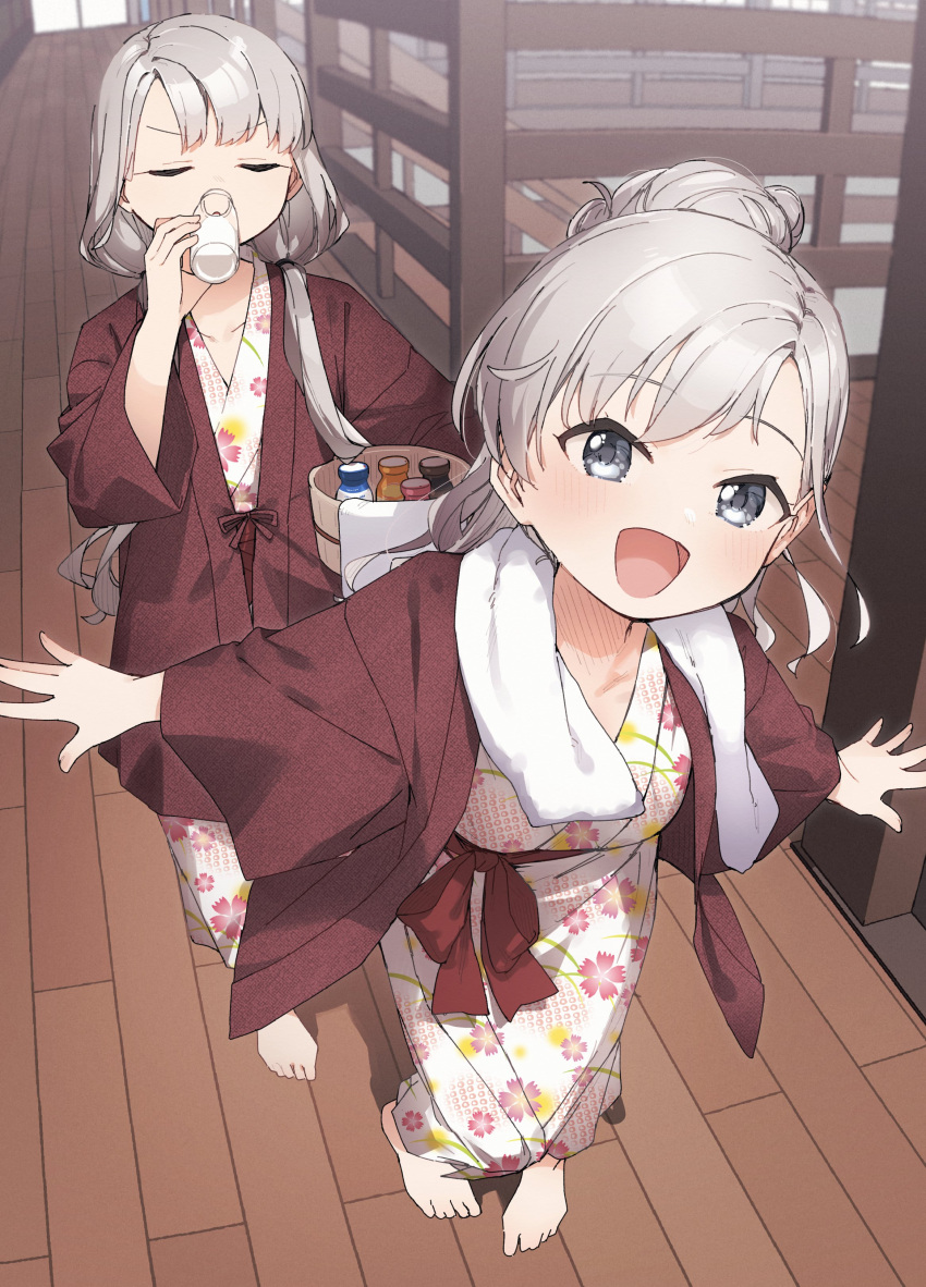 2girls absurdres barefoot bath_yukata blue_eyes blush bottle breasts bucket collarbone drinking floral_print_kimono grey_hair hanten_(clothes) highres hisakawa_hayate hisakawa_nagi holding holding_bucket idolmaster idolmaster_cinderella_girls idolmaster_cinderella_girls_starlight_stage japanese_clothes kimono long_hair looking_at_viewer low_twintails milk_bottle multiple_girls open_mouth red_sash sash siblings sisters smile twins twintails white_towel wooden_floor yukata yukie_(kusaka_shi)