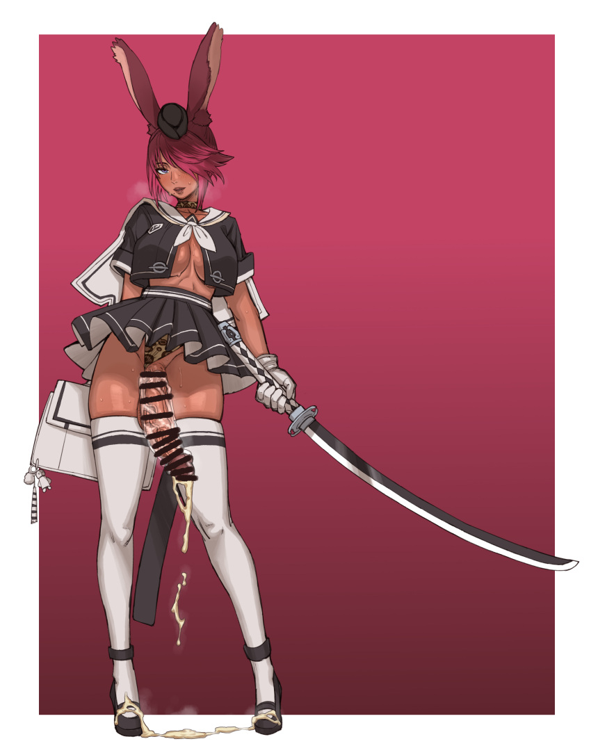 1girl absurdres animal_ears animal_print blush breasts briefcase censored cleavage clothing_aside cum dark-skinned_female dark_skin ebonyxh final_fantasy final_fantasy_xiv full_body futanari gloves groin hair_over_one_eye hat highres holding holding_sword holding_weapon katana large_penis leopard_print looking_at_viewer mole mole_under_mouth panties panties_aside penis purple_eyes purple_hair rabbit_ears school_uniform serafuku short_hair skirt solo sweat sword testicles thighhighs underwear viera weapon white_gloves white_thighhighs