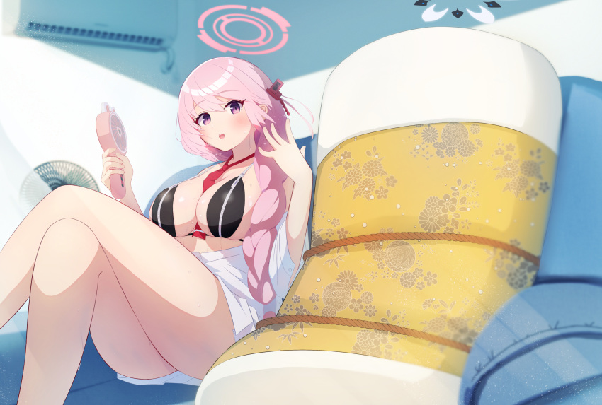 2girls absurdres air_conditioner ass bikini black_bikini blue_archive blush braid breasts crossed_legs eimi_(blue_archive) electric_fan halo highres himari_(blue_archive) large_breasts long_hair makolas97 multiple_girls open_mouth pink_eyes pink_hair pink_halo single_braid sitting swimsuit zipper zipper_bikini