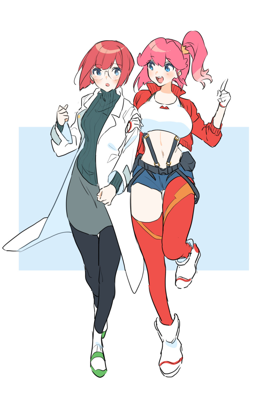 2girls :d aina_ardebit asymmetrical_legwear blue_eyes breasts cone_hair_bun crop_top firefighter firefighter_jacket full_body glasses gloves hair_bun heris_ardebit highres jacket kouhara_yuyu lab_coat medium_breasts multiple_girls navel open_mouth pink_hair promare short_hair siblings side_ponytail sisters smile standing suspenders thighhighs uneven_legwear white_background white_gloves