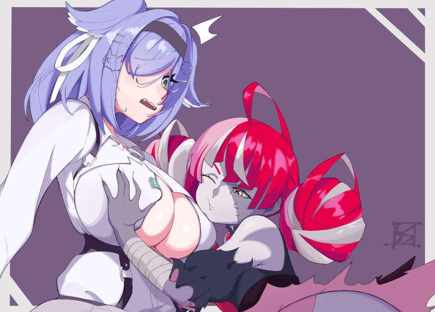 2girls aqua_eyes blue_hair breasts crossover double_bun elira_pendora elira_pendora_(4th_costume) face_to_breasts from_side grabbing grabbing_another's_breast groping hair_bun hair_over_one_eye head_wings highres hololive hololive_indonesia i_dreamofsleep kureiji_ollie kureiji_ollie_(1st_costume) large_breasts multicolored_hair multiple_girls nijisanji nijisanji_en pink_hair red_hair streaked_hair surprised two-tone_hair underboob upper_body virtual_youtuber white_hair wings zombie