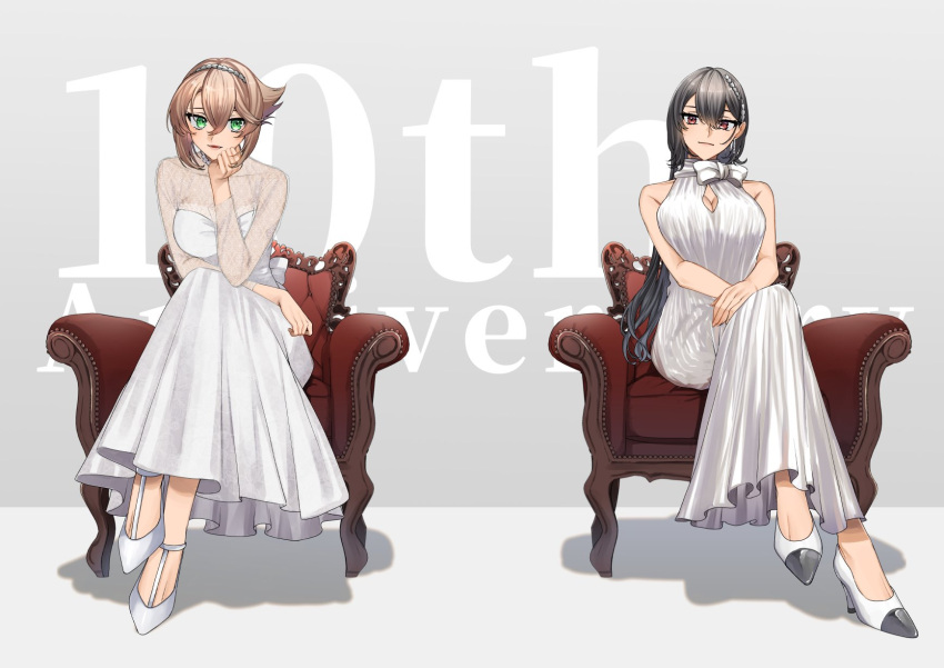 2girls anniversary bare_shoulders black_hair breasts brown_hair chair cleavage crossed_legs dress full_body green_eyes high_heels highres kantai_collection large_pectorals long_hair looking_at_viewer machi_(ritovoyage) multiple_girls mutsu_(kancolle) nagato_(kancolle) pectorals red_eyes short_hair sitting sleeveless sleeveless_dress tiara white_dress white_footwear