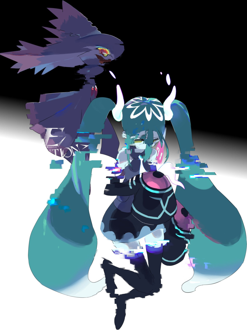 aqua_hair black_thighhighs detached_sleeves distortion e_volution floating ghost ghost_miku_(project_voltage) glitch gradient_hair grey_shirt hair_between_eyes hatsune_miku highres long_hair mismagius multicolored_hair necktie pale_skin pokemon pokemon_(creature) project_voltage see-through see-through_skirt shirt skirt sleeves_past_fingers sleeves_past_wrists thighhighs twintails very_long_hair vocaloid will-o'-the-wisp_(mythology) yellow_eyes