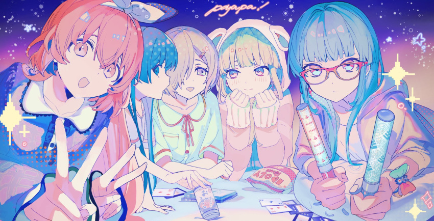5girls :d animal_hood bawa_(thankyousushi) blue_eyes blue_hair blue_shirt blunt_bangs bow buttons can card cd_case chips_(food) closed_mouth collarbone collared_shirt colorful dot_nose double_v food glasses green_hair green_shirt hair_between_eyes hair_bow hair_over_one_eye hands_up highres holding_glowstick hood hood_down hooded_jacket hoodie hyodou_shizuku ibuki_nagisa idoly_pride jacket long_hair long_sleeves looking_at_another looking_at_viewer low_twintails lying multiple_girls narumiya_suzu neck_ribbon okuyama_sumire on_stomach one_eye_covered open_clothes open_jacket open_mouth pajamas pink_eyes pink_hair pink_hoodie playing_card polka_dot polka_dot_shirt potato_chips purple_eyes purple_jacket rabbit_hood red-framed_eyewear red_ribbon ribbon shiraishi_chisa shirt short_hair sidelocks sideways_glance sleepover sleeve_cuffs smile sparkle star_(symbol) straight_hair twintails two-tone_eyes v white_bow white_shirt