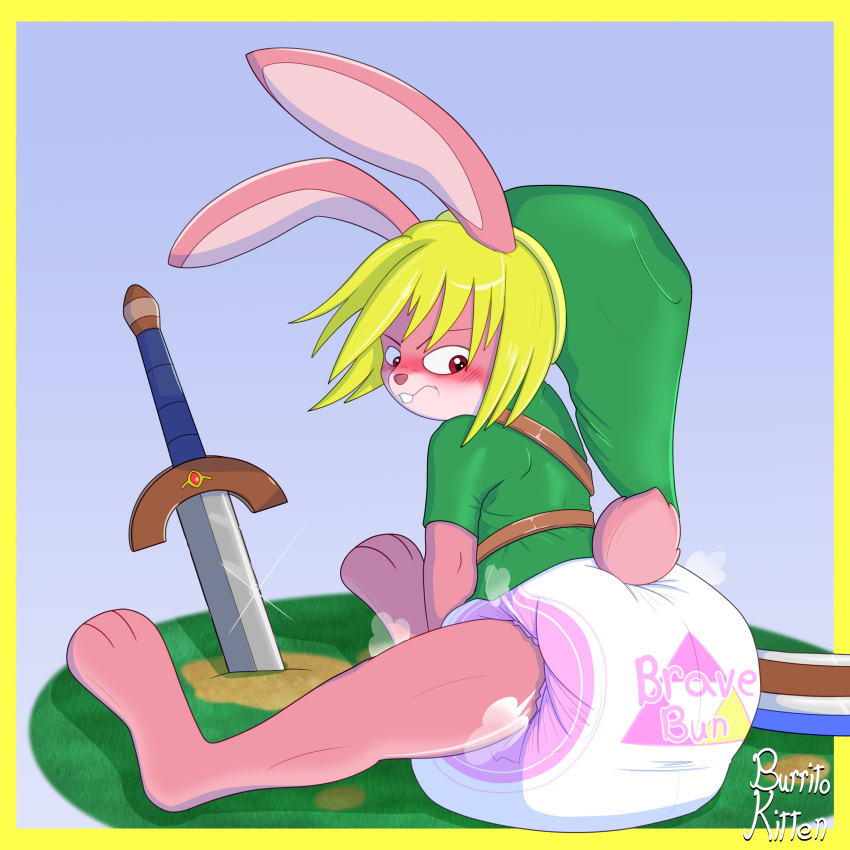 absurd_res anthro big_teeth blush burritokitten clothing diaper grumpy hat headgear headwear hi_res lagomorph leporid link link_(rabbit_form) long_ears male mammal melee_weapon nintendo paws rabbit sitting solo sword the_legend_of_zelda weapon