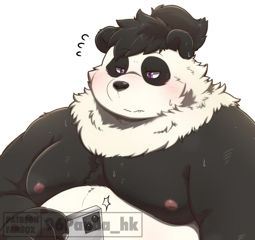 2023 96panda anthro bear belly big_belly black_body black_nose blush cellphone giant_panda hi_res kemono male mammal moobs nipples overweight overweight_male phone portrait simple_background smartphone solo white_background white_body