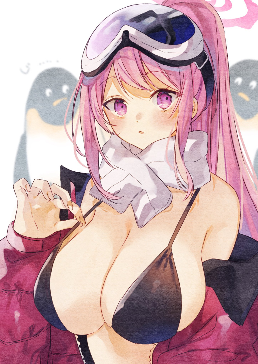 1girl adjusting_clothes adjusting_swimsuit bikini bird black_bikini blue_archive breasts commentary_request eimi_(blue_archive) eimi_(swimsuit)_(blue_archive) goggles goggles_on_head halo highres jacket large_breasts long_hair looking_at_viewer naoton off_shoulder penguin pink_hair pink_jacket ponytail purple_eyes scarf solo swimsuit white_scarf