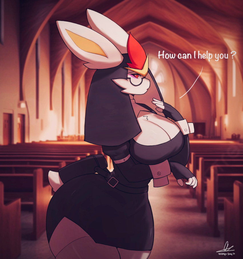 anthro big_breasts breasts church cinderace cleavage clothed clothing dialogue eyewear female fur generation_8_pokemon glasses hi_res inside lagomorph legwear long_ears looking_at_viewer mammal nintendo nun_habit nun_outfit orangedog pokemon pokemon_(species) solo stockings thick_thighs white_body white_fur wide_hips