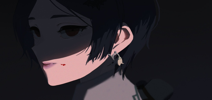 1girl black_hair blood blood_on_face earrings eighteenx expressionless flower_earrings hayami_kanade highres idolmaster idolmaster_cinderella_girls jewelry lips looking_at_another parted_lips shaded_face short_hair simple_background solo staring