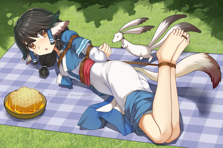 1girl ainu_clothes animal_ears arms_behind_back aruruw barefoot bdsm black_hair bondage bound bound_ankles bound_arms bound_wrists brown_eyes haimei1980 hair_tubes hogtie layered_sleeves looking_at_viewer restrained shibari solo tail toes utawarerumono utawarerumono:_itsuwari_no_kamen