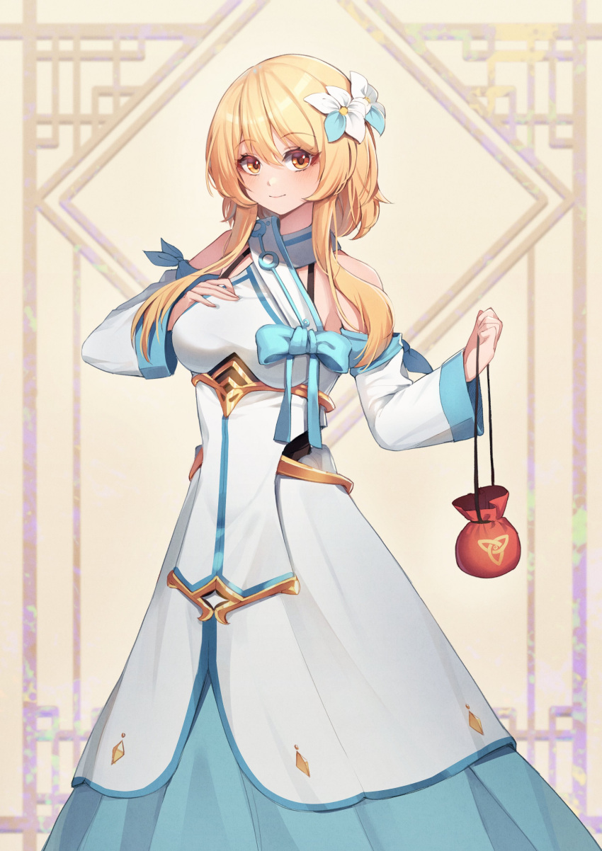 1girl absurdres alternate_costume bare_shoulders blonde_hair blush breasts closed_mouth dress flower genshin_impact hair_between_eyes hair_flower hair_ornament hanbok highres korean_clothes long_hair long_sleeves looking_at_viewer lumine_(genshin_impact) medium_breasts smile ugwa white_sleeves yellow_eyes