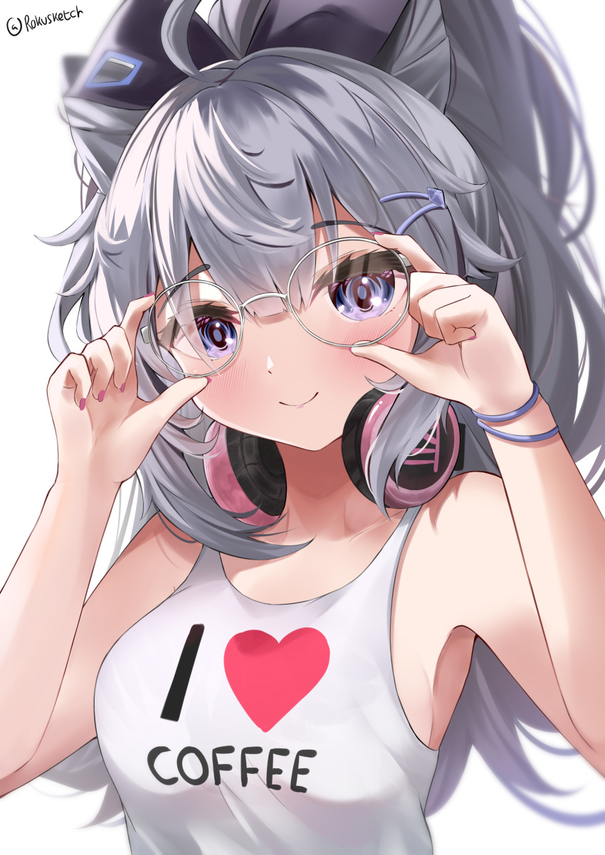 1girl absurdres bare_shoulders breasts commentary cone_hair_bun english_commentary grey_hair hair_bun hair_ornament hairclip headphones headphones_around_neck highres hololive hololive_indonesia i_heart... long_hair looking_at_viewer medium_breasts purple_eyes rokusketch round_eyewear simple_background smile solo tank_top twitter_username upper_body vestia_zeta virtual_youtuber white_background white_tank_top