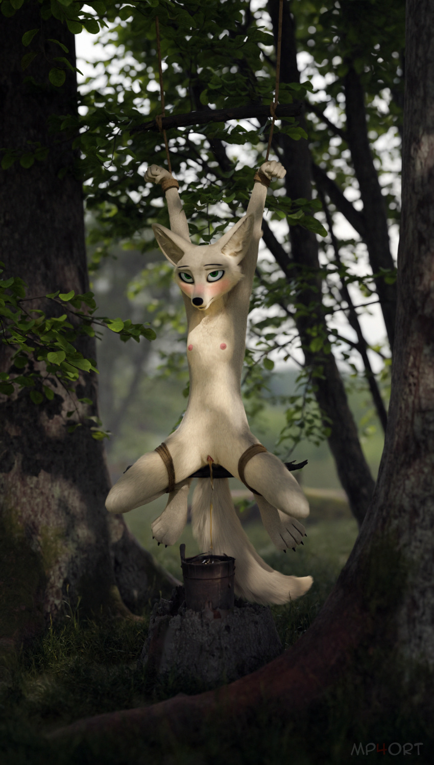 3d_(artwork) absurd_res aroused bdsm blender_(software) bondage bound canid canine digital_media_(artwork) female forest fox genitals hi_res mammal maxnoward mp4ort peeing plant pussy solo torture trapped tree