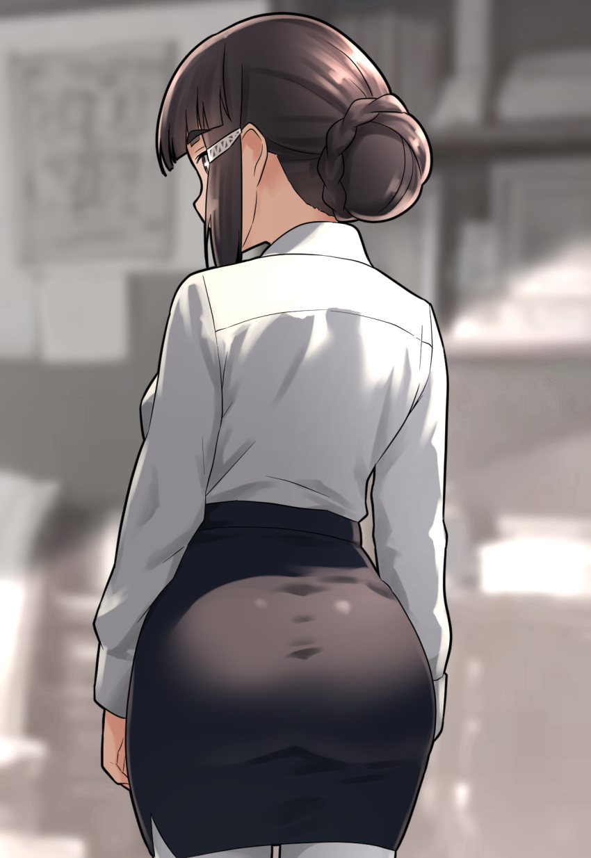 1girl arms_at_sides ass blunt_bangs blurry blurry_background braid braided_bun brown_eyes brown_hair cowboy_shot from_behind furaggu_(frag_0416) good_ass_day hair_bun highres kantai_collection long_sleeves myoukou_(kancolle) myoukou_kai_ni_(kancolle) office_lady pencil_skirt shirt shirt_tucked_in sidelocks skirt solo taut_clothes taut_skirt white_shirt