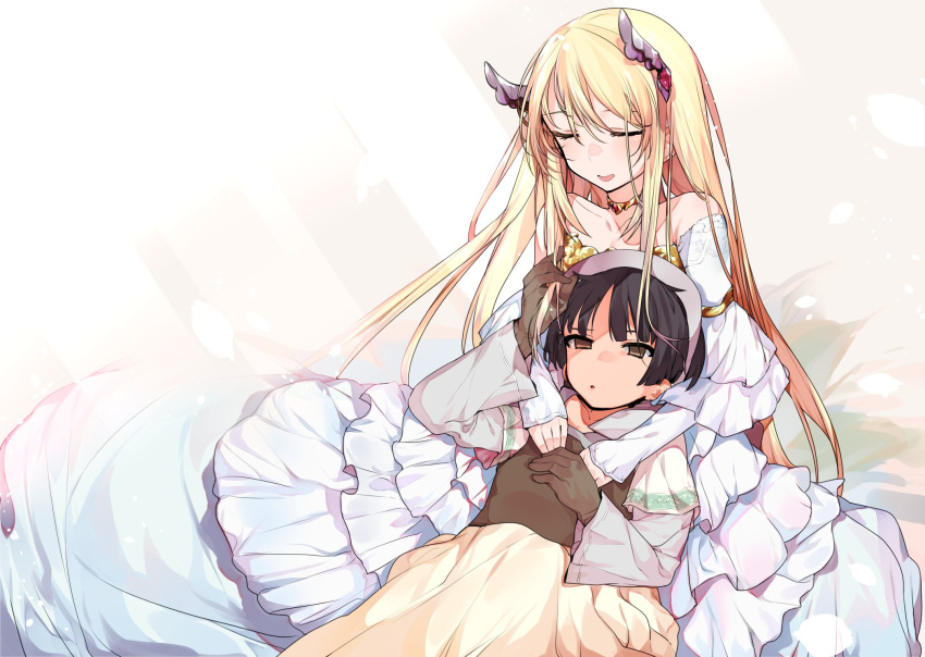 2girls blonde_hair closed_eyes dress frilled_dress frills hair_ornament hands_on_another's_shoulders highres hug lap_pillow long_hair long_sleeves multiple_girls playing_with_another's_hair rance_(series) rance_ix russian_kalette shikosour simple_background skirt smile sunlight