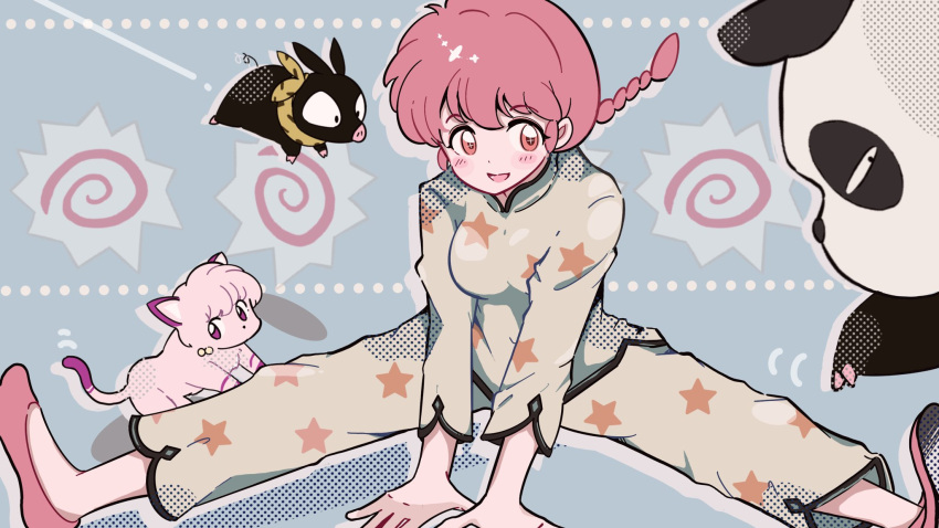 animal bandana blue_background blush breasts cat father_and_daughter highres nibo_ume_katsu open_mouth p-chan panda pig purple_eyes ranma-chan ranma_1/2 red_footwear red_hair saotome_genma_(panda) shampoo_(cat) spread_legs star_(symbol) yellow_bandana