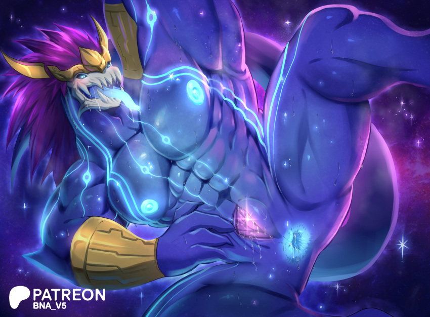 abs anthro anus aroused asian_mythology aurelion_sol_(lol) barazoku biceps bioluminescence blue_body blush blush_lines bna_v5 bodily_fluids digital_media_(artwork) dragon drooling east_asian_mythology eastern_dragon gaping gaping_anus genitals glowing hair hands_behind_head hi_res league_of_legends looking_pleasured male muscular muscular_anthro muscular_male muscular_thighs mythology nipples nude open_mouth pecs penis presenting presenting_anus presenting_penis pupils riot_games saliva scalie serratus slit slit_play slit_pupils solo space sweat tail teeth tongue triceps