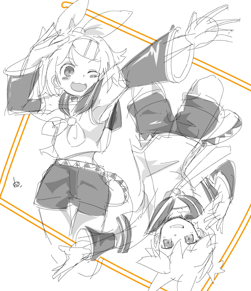 1boy 1girl :3 arm_over_head belt blush_stickers bow brother_and_sister crop_top detached_sleeves greyscale grin hair_bow hair_ornament hairclip highres kagamine_len kagamine_rin looking_at_viewer midriff monochrome neckerchief necktie one_eye_closed open_mouth rotational_symmetry sailor_collar shirt short_hair short_ponytail short_sleeves shorts siblings sketch sleeveless sleeveless_shirt smile twins upside-down vocaloid vorusan_(volver39)