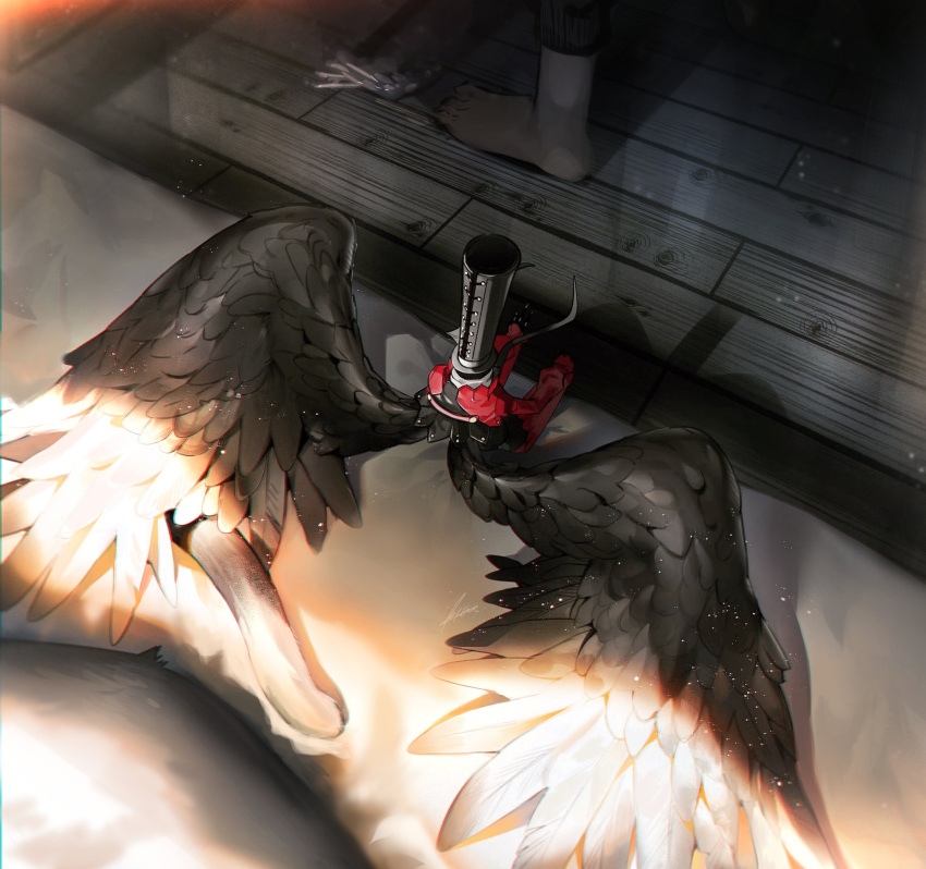 1boy absurdres amamiya_ren animal arsene_(persona_5) barefoot bed black_headwear black_wings btmr_game cat feathered_wings hat highres indoors morgana_(persona_5) on_bed persona persona_5 solo_focus wings wooden_floor