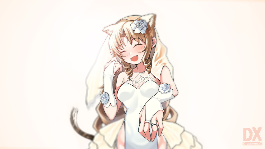 absurdres animal_ears arknights blonde_hair bride curly_hair fang highres jewelry ring swire_(arknights) tail thighhighs tiger_ears tiger_girl tiger_tail wedding_ring