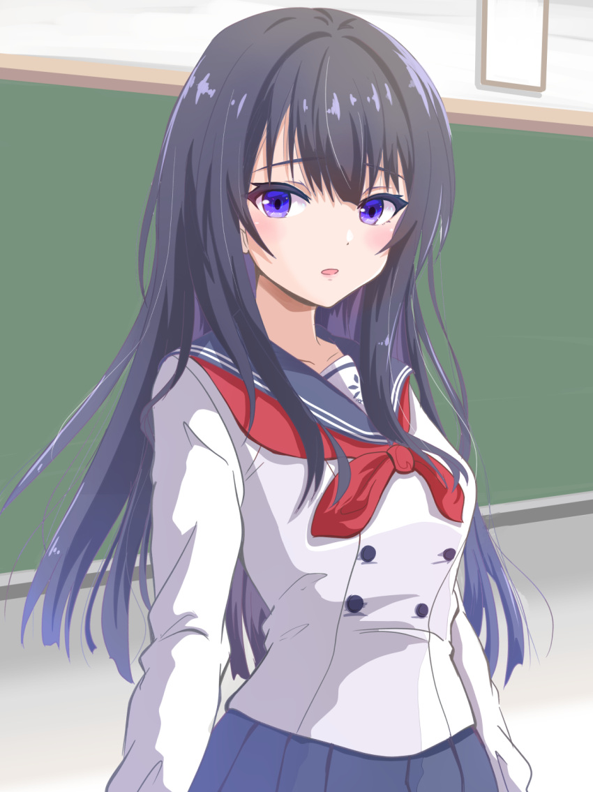 1girl arms_at_sides black_hair blue_sailor_collar blue_skirt blush breasts buttons chalkboard classroom collarbone colored_inner_hair cowboy_shot dot_nose double-breasted hair_between_eyes highres hoshimi_private_high_school_uniform idoly_pride indoors long_bangs long_hair looking_at_viewer medium_breasts multicolored_hair nagase_kotono neckerchief omoimochi open_mouth pleated_skirt purple_eyes purple_hair red_neckerchief sailor_collar school_uniform serafuku shirt sidelocks skirt solo straight_hair white_shirt