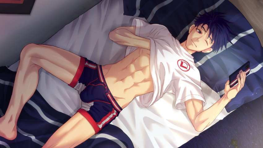 1boy abs ace_anderson bedroom blue_hair boxers closed_mouth clothes_lift collaboration dark_blue_hair feet_out_of_frame floor from_above highres indoors jock_studio_(blits_games) looking_at_phone male_focus male_underwear mikkoukun navel non-web_source official_art on_bed one_eye_closed phone shirt shirt_lift short_hair solo underwear variant_set wall white_shirt zamius