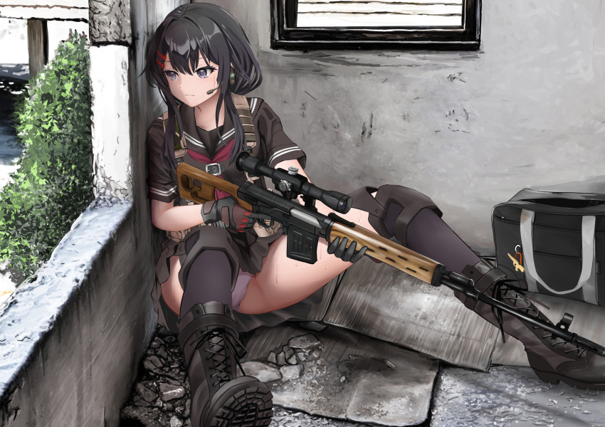 1girl absurdres bag black_gloves black_hair black_sailor_collar black_skirt boots closed_mouth day dragunov_svd gibun_(sozoshu) gloves gun hair_between_eyes headset hiding highres holding holding_gun holding_weapon knee_pads kneehighs long_hair multiple_hairpins original outdoors panties pleated_skirt rifle ruins sailor_collar school_bag shirt short_sleeves skirt sniper_rifle socks solo thighs underwear uniform weapon