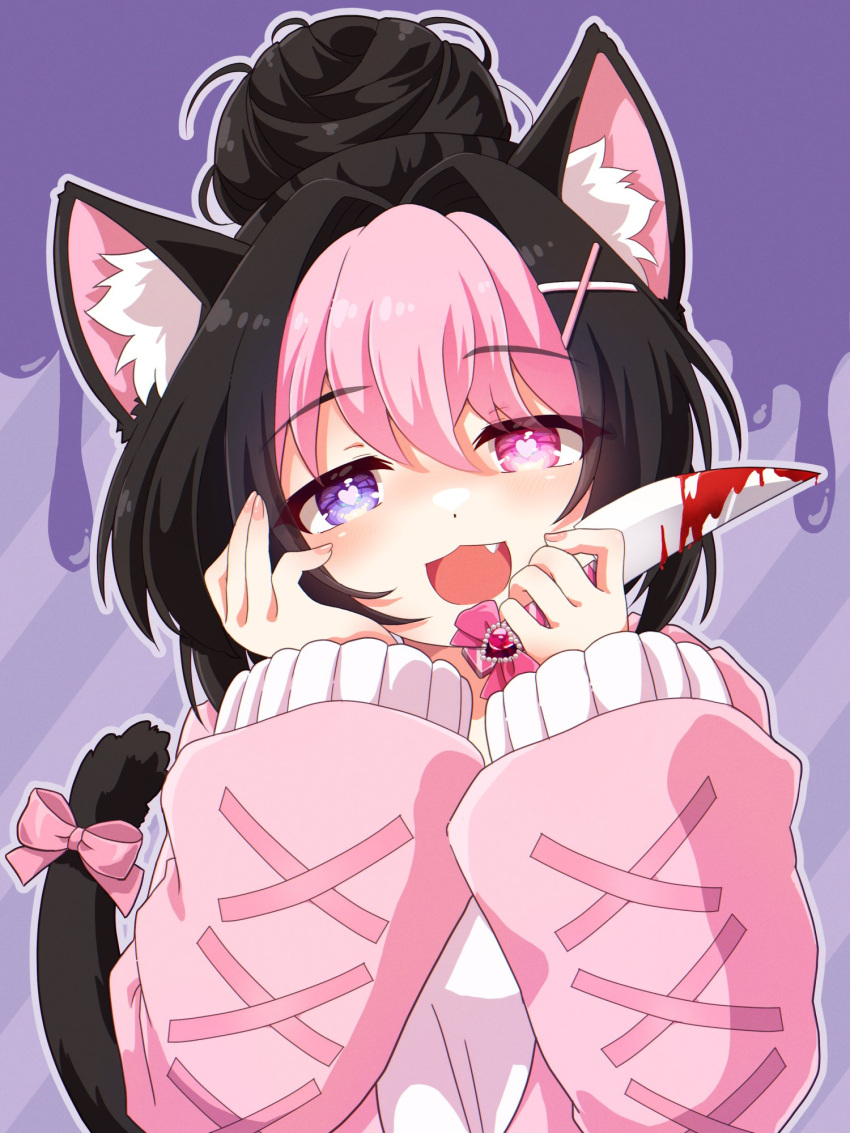 1girl animal_ear_fluff animal_ears black_hair blood blood_on_knife bow cat_ears cat_girl cat_tail commission darlingstrawb fang hair_between_eyes hair_bun hair_ornament hand_on_own_cheek hand_on_own_face heart heart-shaped_pupils highres holding holding_knife indie_virtual_youtuber knife medium_hair open_mouth pink_bow pink_eyes pink_hair pink_sweater purple_background purple_eyes shirt skeb_commission solo sweater symbol-shaped_pupils tail tail_bow tail_ornament upper_body virtual_youtuber white_shirt x_hair_ornament yui_mirano