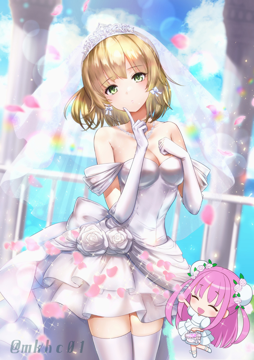 blonde_hair blue_sky bow bow_earrings breasts bridal_veil cleavage cloud cloudy_sky dress earrings finger_to_mouth flower green_eyes heaven_burns_red highres jewelry medium_breasts medium_hair mkhc01 nanase_nanami_(heaven_burns_red) outdoors petals sky strapless strapless_dress sunlight thighhighs veil wedding_dress white_dress white_thighhighs