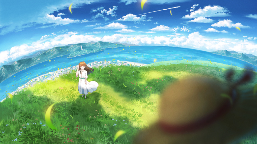 1girl blue_sky blurry blurry_foreground brown_eyes brown_hair cloud day dress hat long_hair mountain ocean original outdoors scenery shuu_illust sky solo sun_hat water white_dress