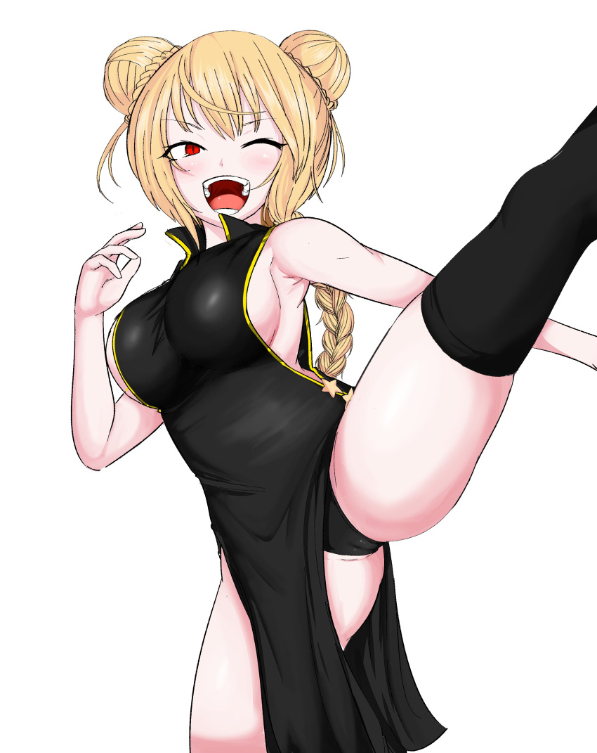 1girl absurdres alternate_costume alternate_hairstyle armpits bare_shoulders black_dress black_pantyhose black_socks blonde_hair blush braid breasts china_dress chinese_clothes cookie_(touhou) cowboy_shot double_bun dress feet_out_of_frame hair_bun high_kick highres kicking mutsurai_rempo one_eye_closed panties pantyhose pelvic_curtain red_eyes simple_background slit_pupils socks solo standing standing_on_one_leg star_(symbol) suzu_(cookie) teeth thighs underwear white_background