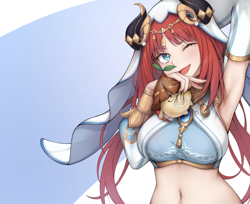 1girl ;d absurdres aqua_eyes aranara_(genshin_impact) arm_up armpits breasts brooch commentary commentary_request crop_top fake_horns genshin_impact highres holding holding_stuffed_toy horns jewelry large_breasts long_hair long_sleeves looking_at_viewer midriff navel neck_ring nilou_(genshin_impact) one_eye_closed open_mouth red_hair revision smile solo stomach stuffed_toy upper_body veil very_long_hair wallbacksal