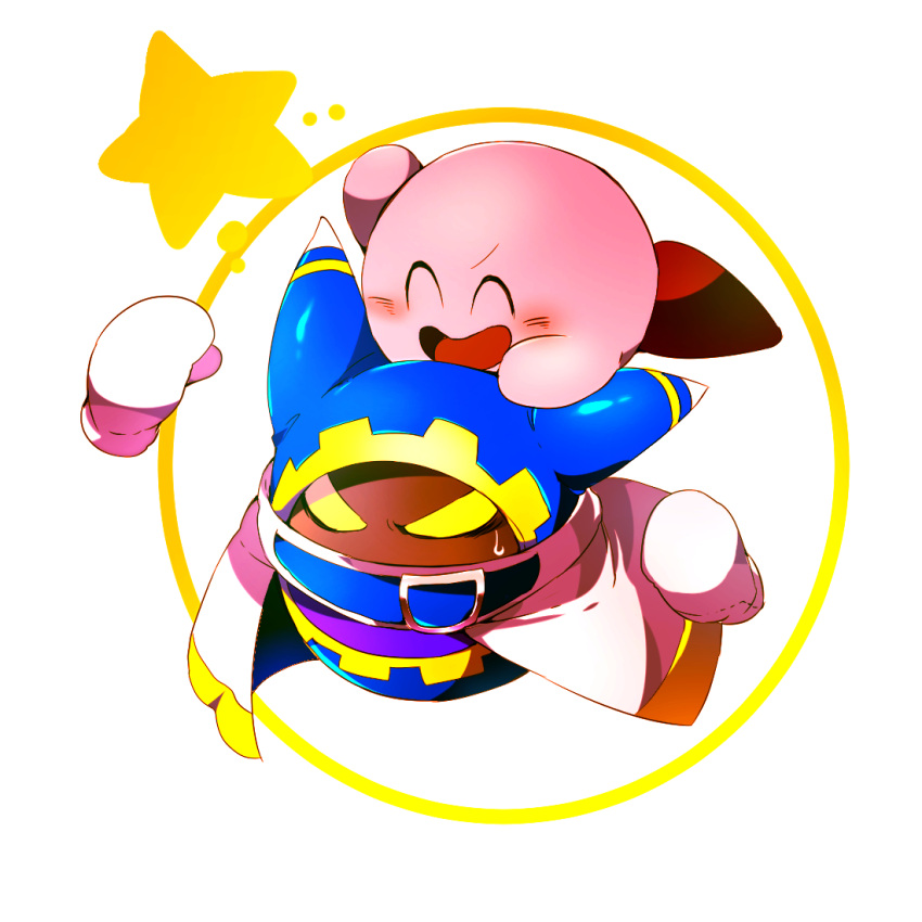 ^_^ animal_ears belt belt_buckle belt_collar blue_belt blue_hood blush_stickers buckle cape circle clenched_hands closed_eyes collar colored_skin commentary_request covered_mouth disembodied_limb gear_print gloves hand_up kirby kirby_(series) magolor no_humans open_mouth pink_skin red_footwear scarf shirushiki shoes smile solid_eyes star_(symbol) sweatdrop v-shaped_eyebrows v-shaped_eyes white_background white_cape white_gloves white_scarf yellow_eyes