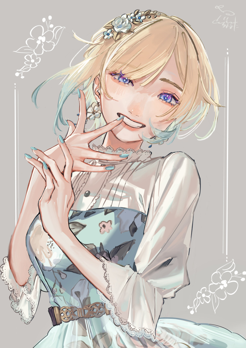 absurdres aizawa_ema blonde_hair blue_eyes blue_nails flower gradient_hair hair_flower hair_ornament half-sleeves highres lace lace-trimmed_skirt lace_trim looking_at_viewer multicolored_hair short_hair skirt smile virtual_youtuber vspo! zoramaruta