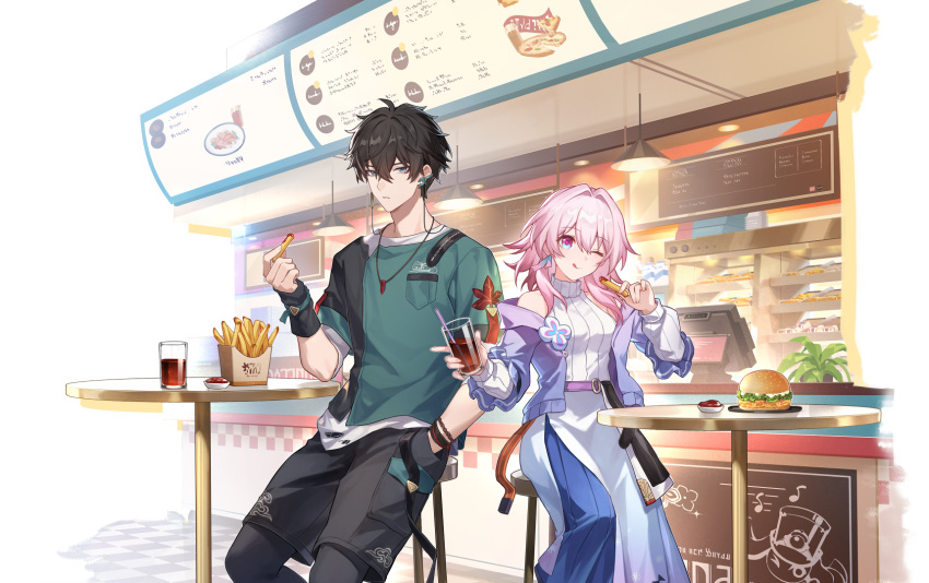 1boy 1girl :q belt black_hair blue_eyes blue_jacket blue_skirt breast_pocket breasts burger cloud_print cowboy_shot cup dan_heng_(feast)_(honkai:_star_rail) dan_heng_(honkai:_star_rail) drinking_glass drinking_straw earrings flower_ornament food french_fries gradient_jacket gradient_skirt hair_between_eyes high_belt highres holding holding_cup holding_drinking_straw holding_food honkai:_star_rail honkai_(series) jacket jewelry ketchup layered_skirt leaf_print long_skirt march_7th_(feast)_(honkai:_star_rail) march_7th_(honkai:_star_rail) medium_breasts medium_hair menu_board official_alternate_costume official_art one_eye_closed pink_hair pocket print_shirt purple_belt purple_jacket purple_skirt shirt single_earring sitting skirt sleeveless sleeveless_sweater smile sweater table thigh_strap tongue tongue_out torn_clothes torn_shirt turtleneck variant_set white_skirt white_sleeves white_sweater