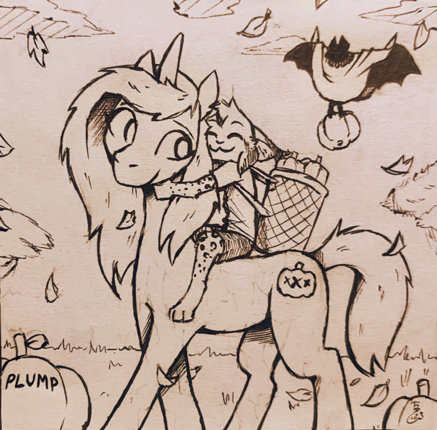 2023 anthro bat deke_(ittybittykittytittys) equid equine eyes_closed felid feline feral food fruit fur group hi_res horn horse inktober inktober_2023 leaf lynx mammal marc_(theblueberrycarrots) outside plant plumpkin_everclear_(ittybittykittytittys) pony pumpkin riding signature smile spots spotted_body spotted_fur theblueberrycarrots traditional_media_(artwork) trio